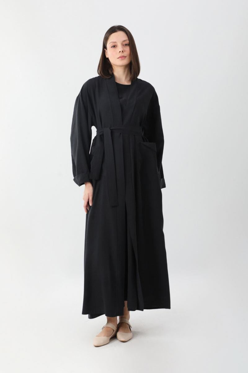Elbisesi Düğmeli Abaya Takım Siyah