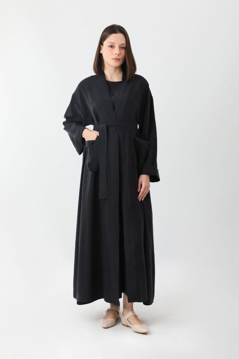 Elbisesi Düğmeli Abaya Takım Siyah