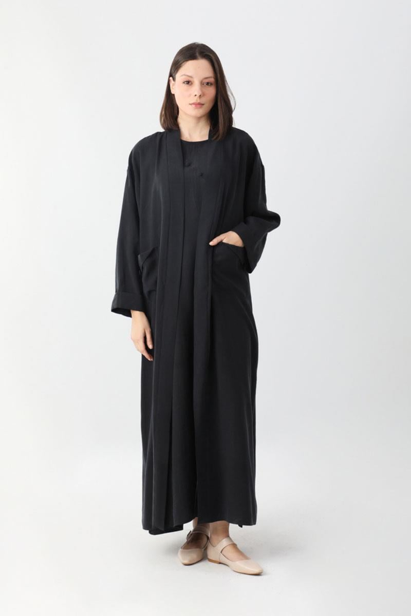 Elbisesi Düğmeli Abaya Takım Siyah