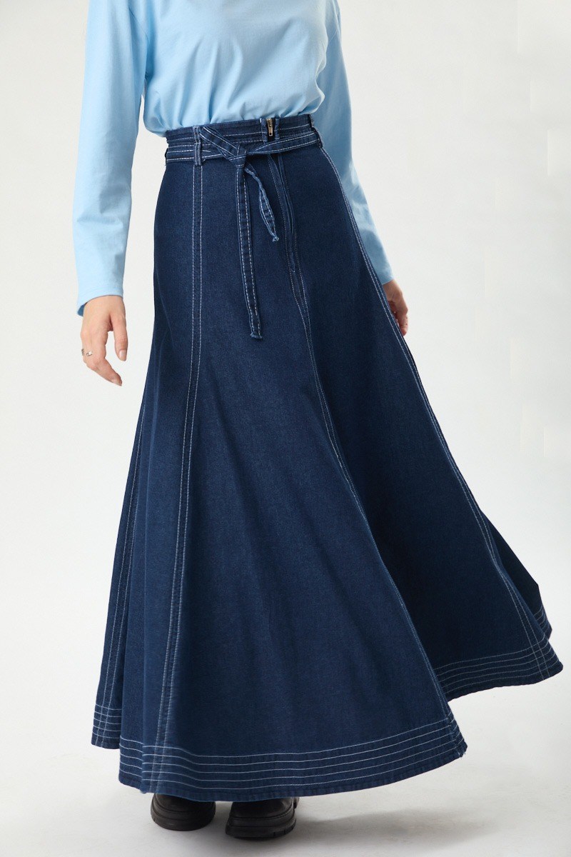 Etek Ucu Süs Dikişli Parçalı Denim Etek Koyu Mavi
