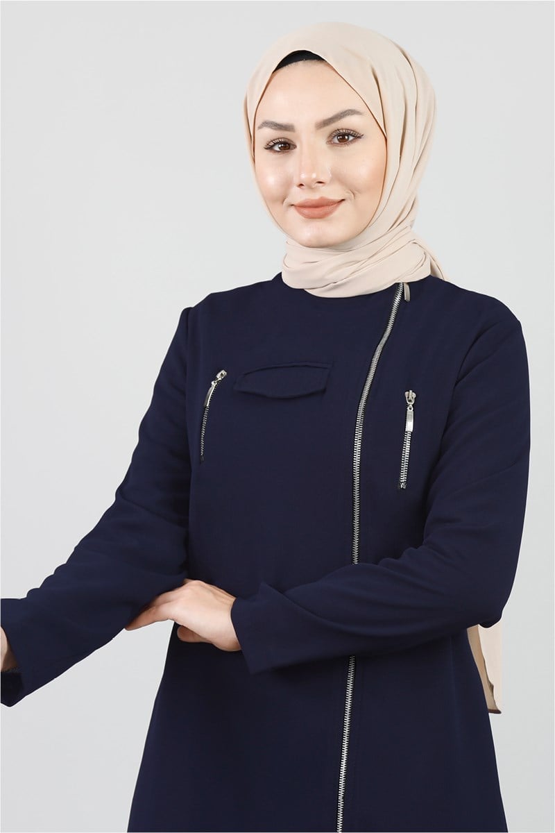 Fermuar Detaylı Lacivert Ferace