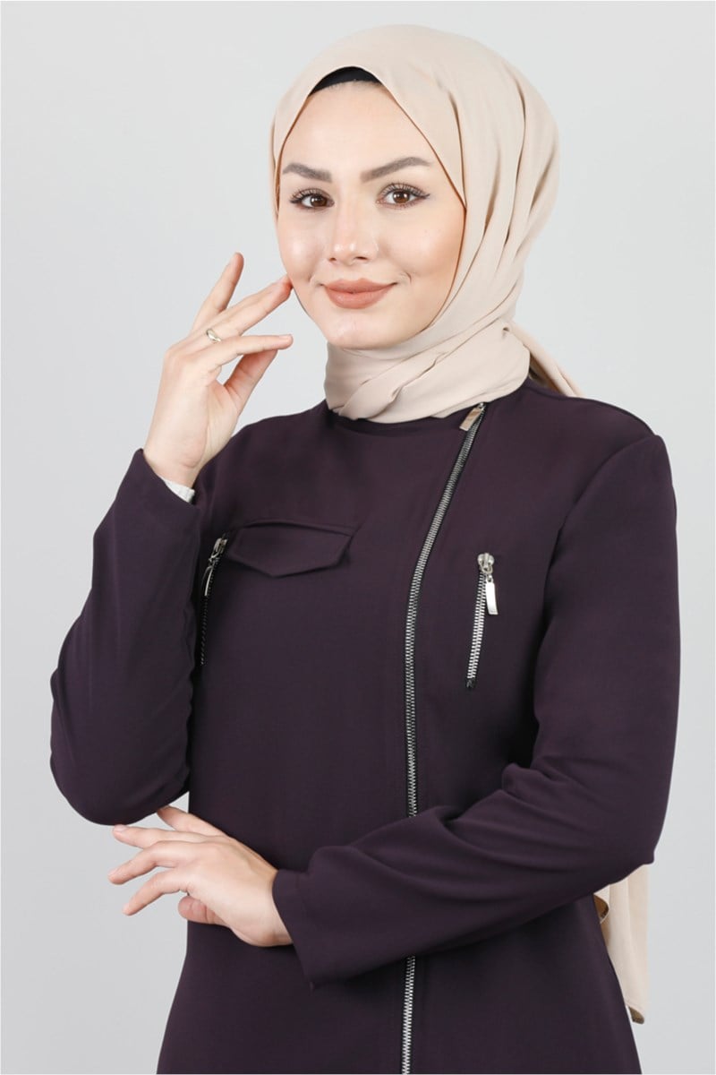 Fermuar Detaylı Mürdüm Ferace