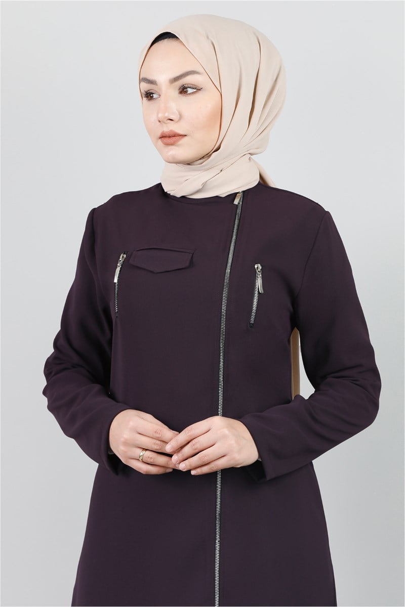 Fermuar Detaylı Mürdüm Ferace