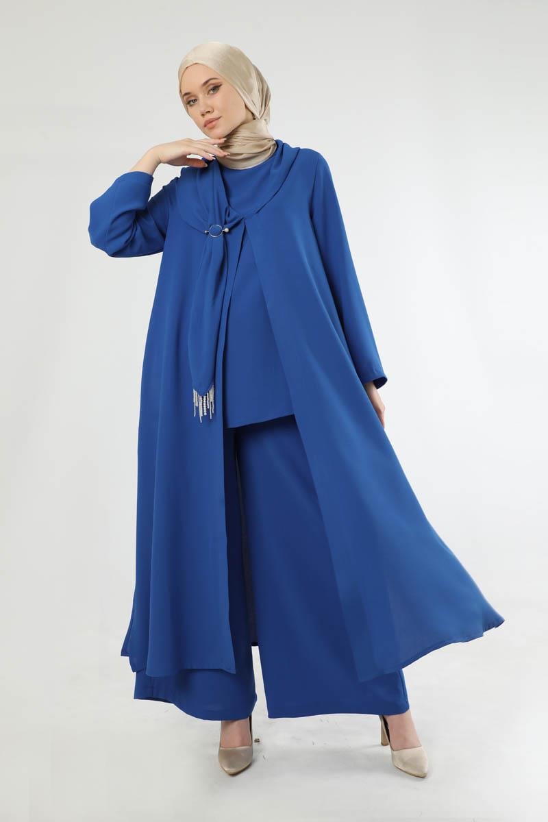 Fularlı Abaya Takım Saks