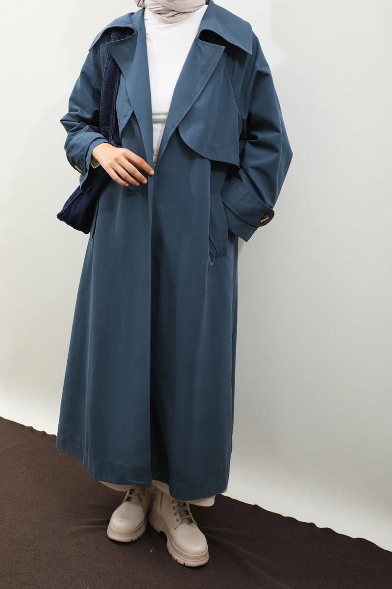 Geniş Yaka Trençkot Lacivert