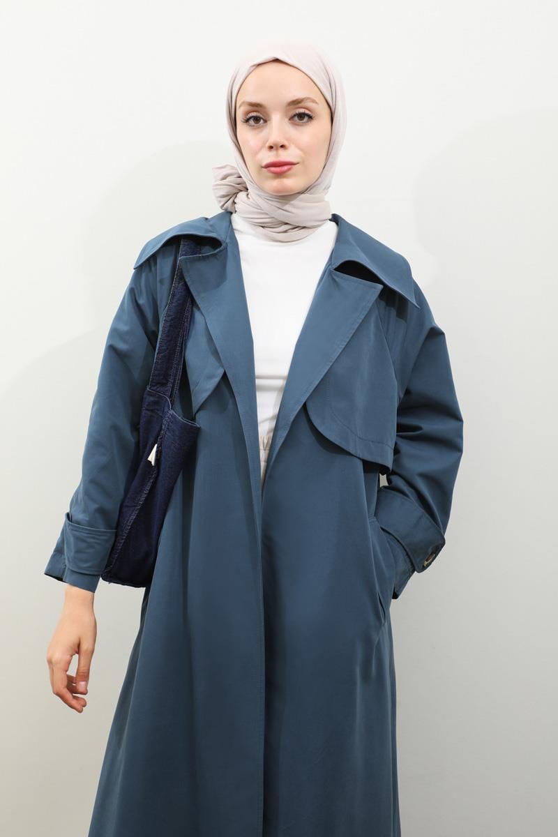 Geniş Yaka Trençkot Lacivert