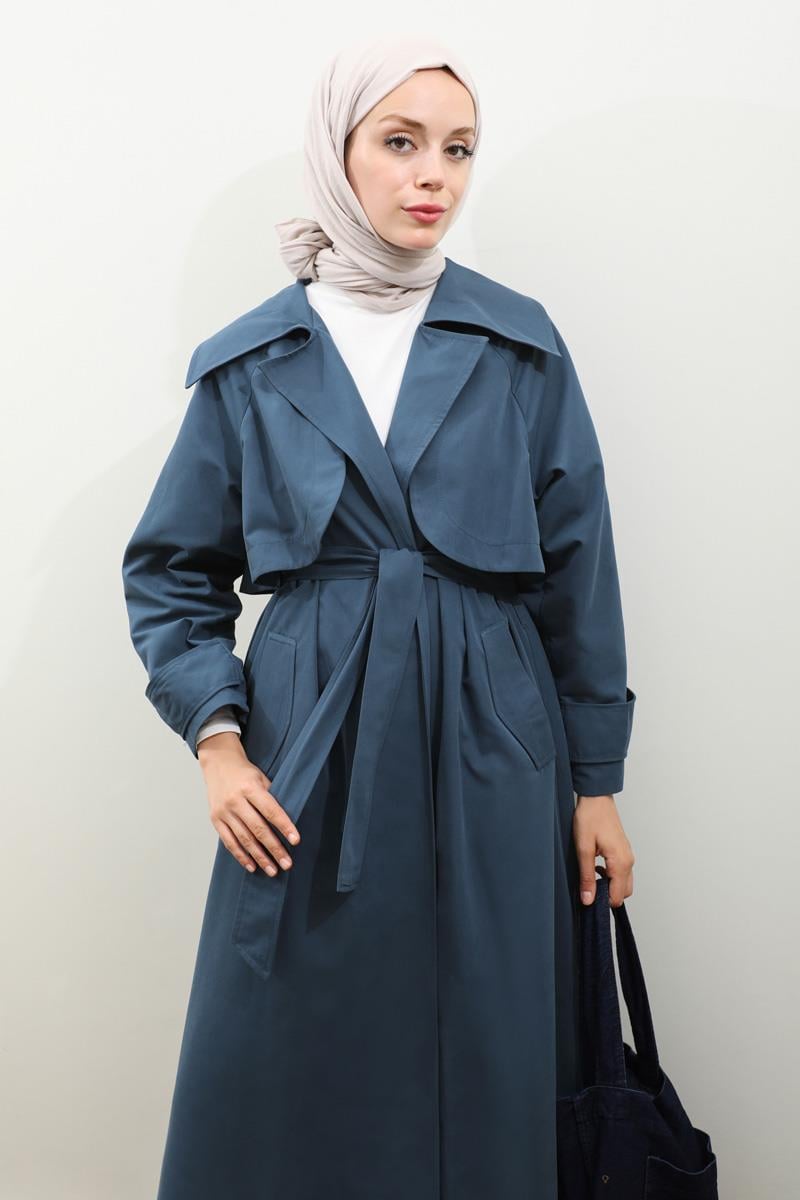 Geniş Yaka Trençkot Lacivert