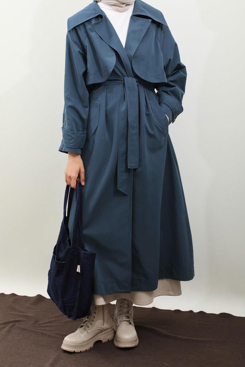 Geniş Yaka Trençkot Lacivert