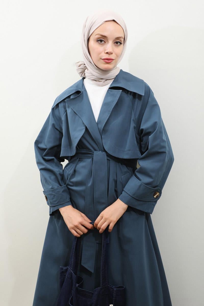 Geniş Yaka Trençkot Lacivert