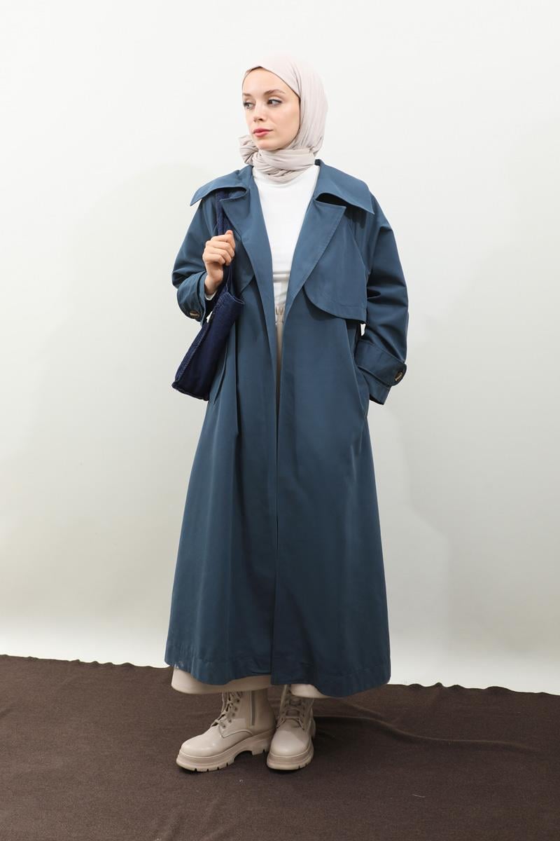 Geniş Yaka Trençkot Lacivert