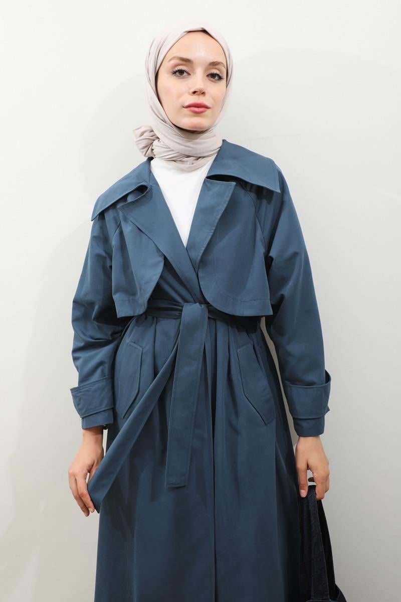 Geniş Yaka Trençkot Lacivert