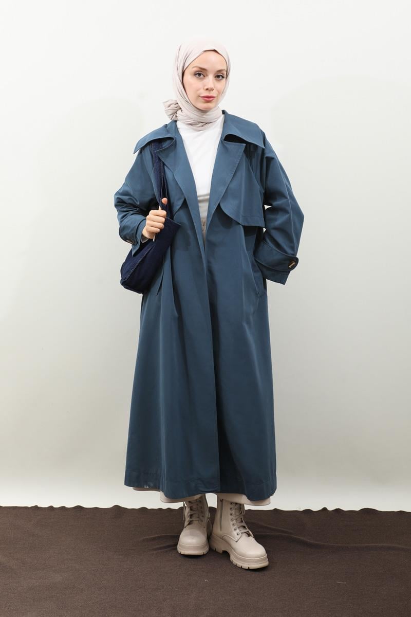 Geniş Yaka Trençkot Lacivert