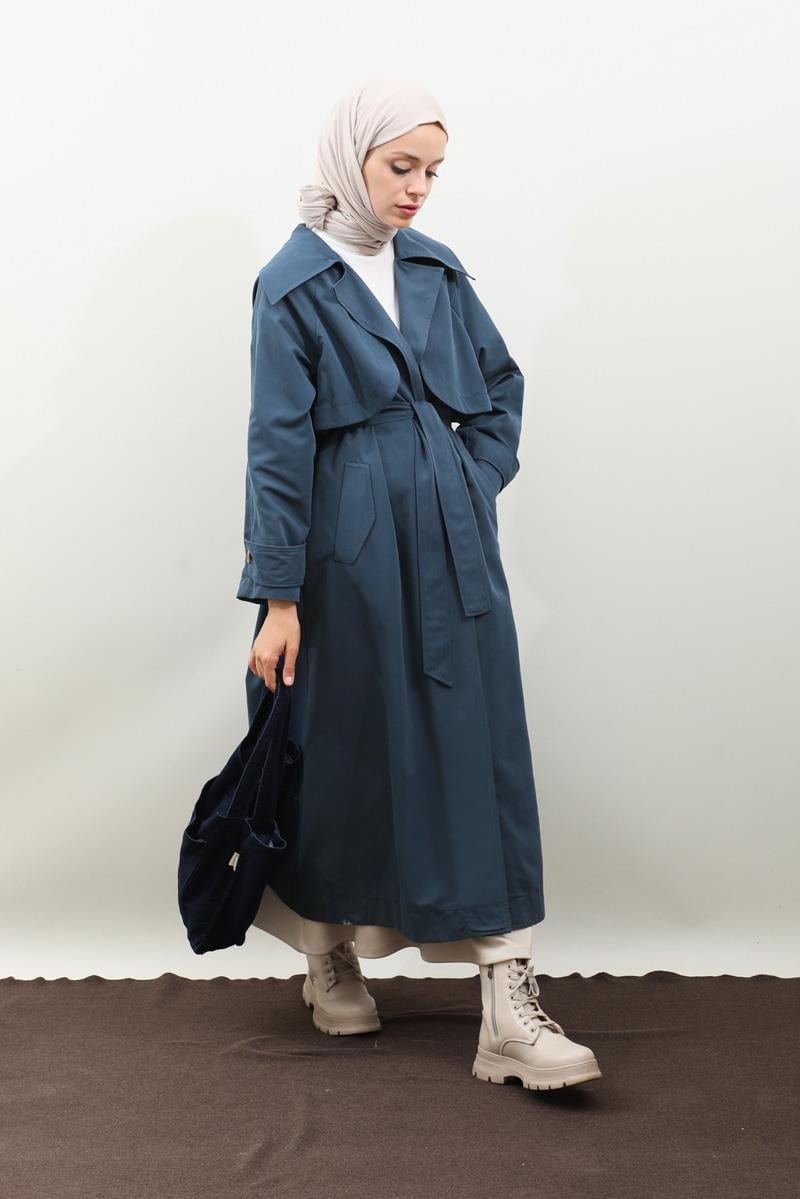 Geniş Yaka Trençkot Lacivert