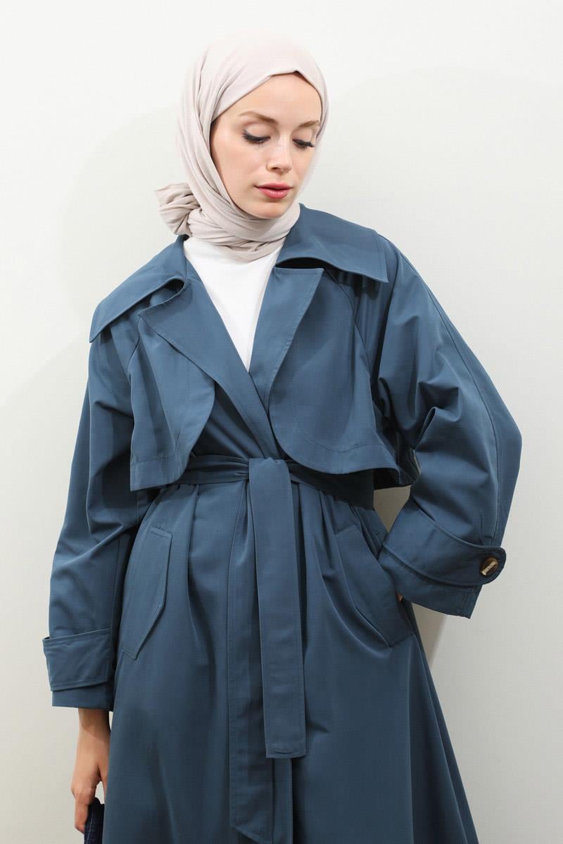 Geniş Yaka Trençkot Lacivert
