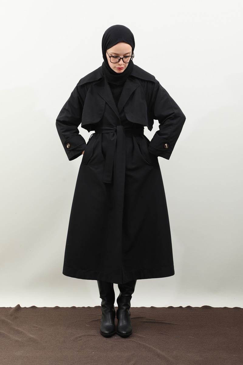 Geniş Yaka Trençkot Siyah