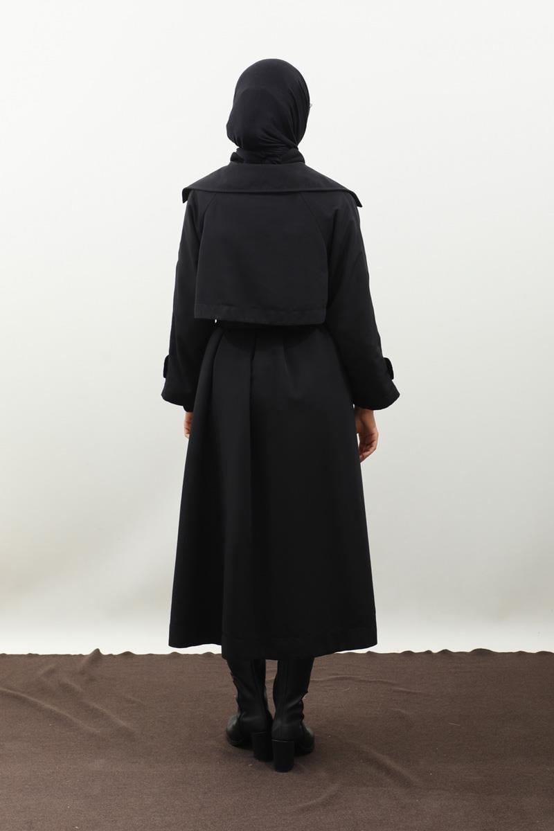Geniş Yaka Trençkot Siyah