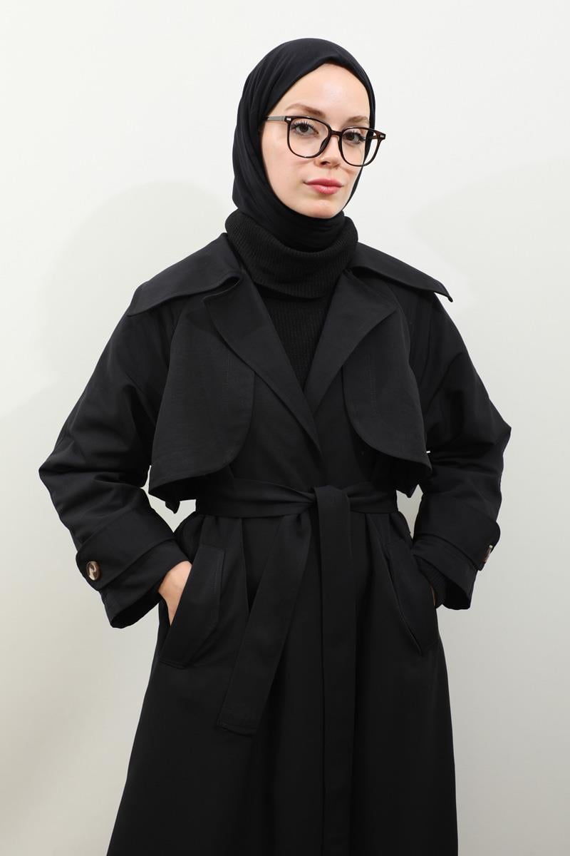 Geniş Yaka Trençkot Siyah