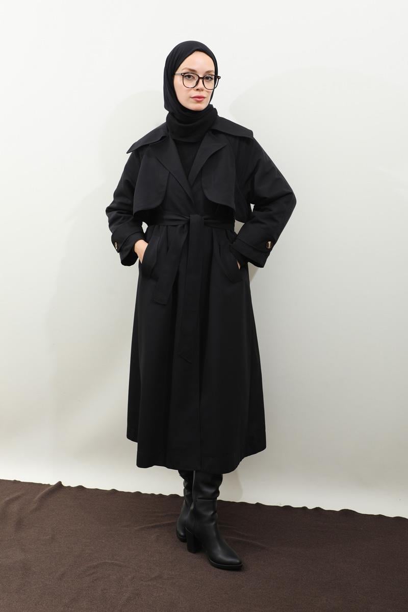 Geniş Yaka Trençkot Siyah