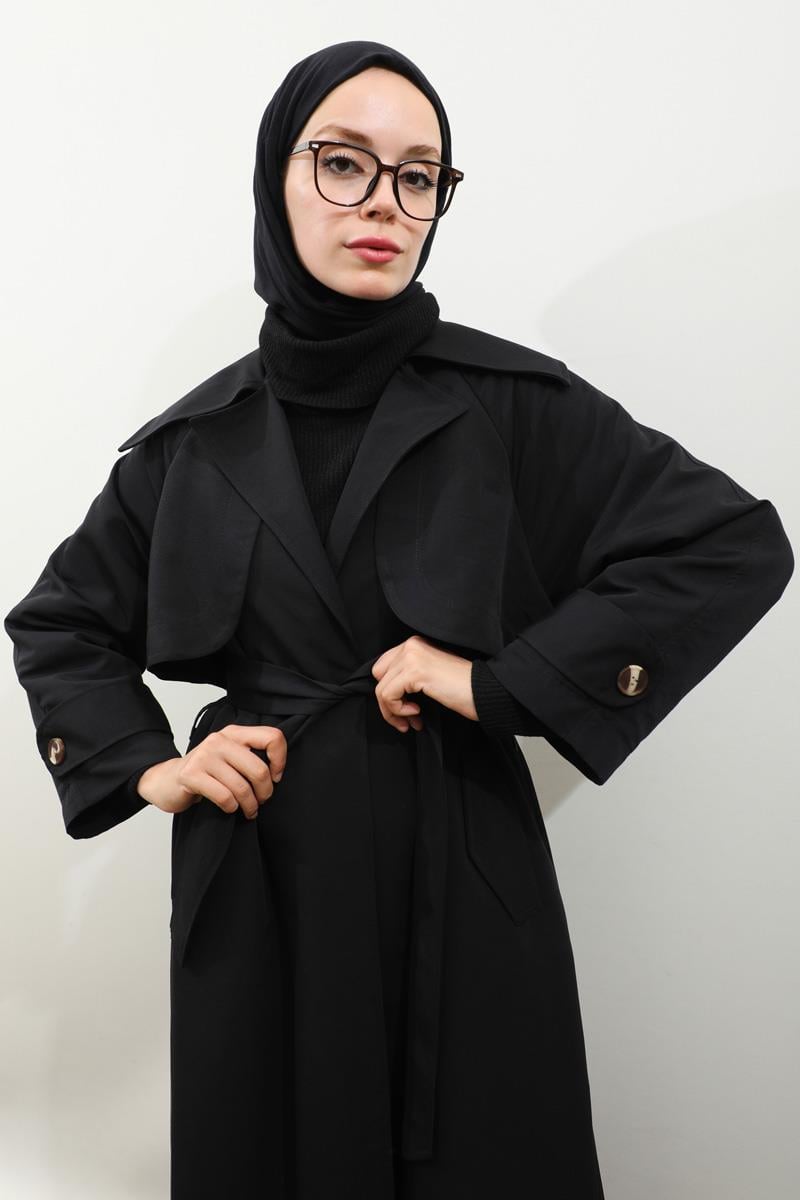 Geniş Yaka Trençkot Siyah