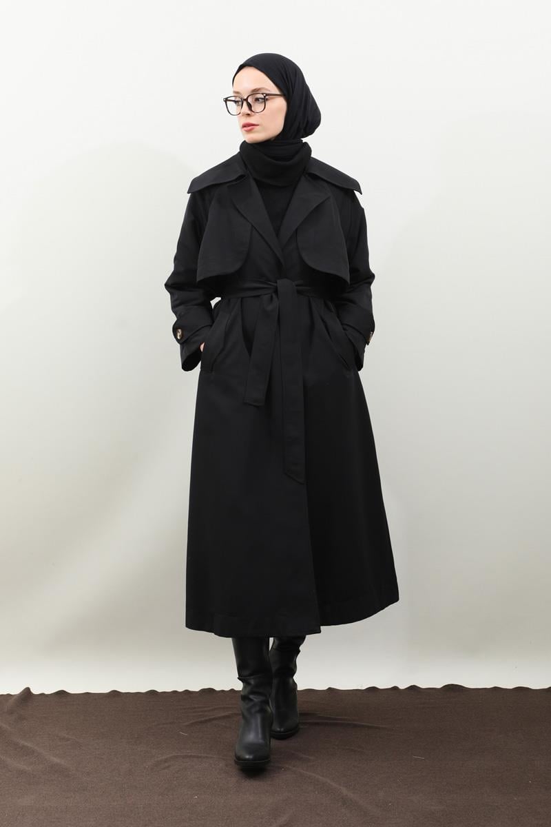 Geniş Yaka Trençkot Siyah