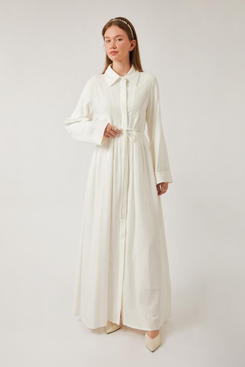 Gizli Düğmeli Dantelli Elbise Beyaz