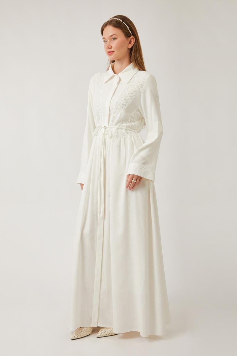 Gizli Düğmeli Dantelli Elbise Beyaz