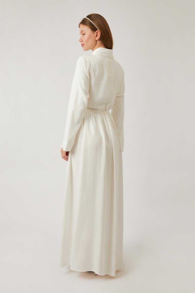 Gizli Düğmeli Dantelli Elbise Beyaz