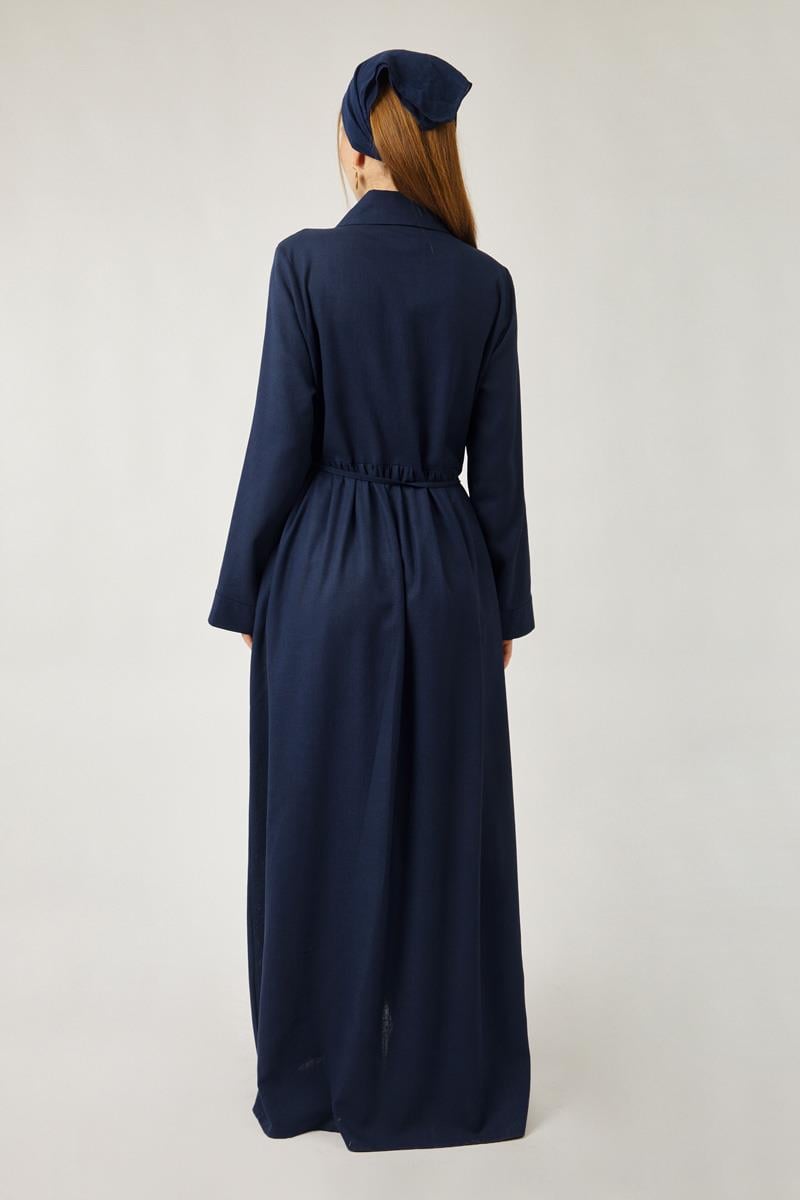 Gizli Düğmeli Dantelli Elbise Lacivert