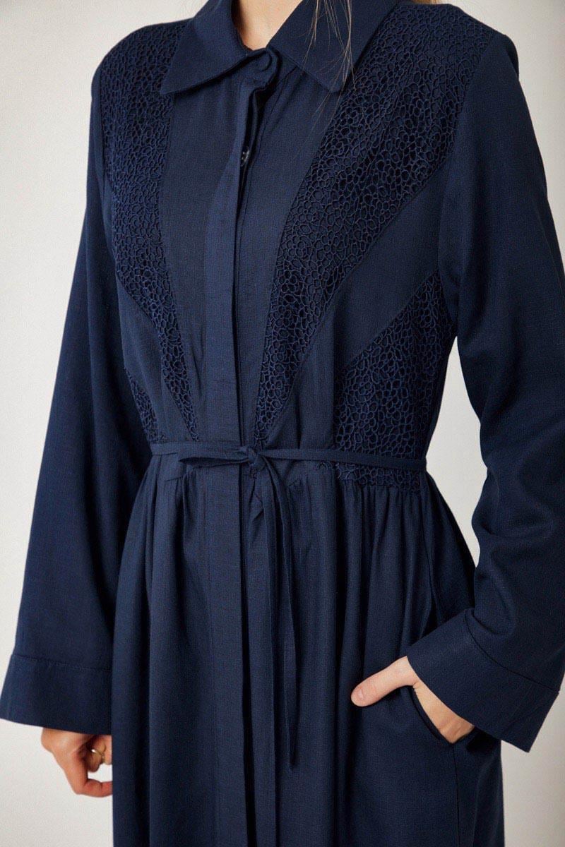Gizli Düğmeli Dantelli Elbise Lacivert