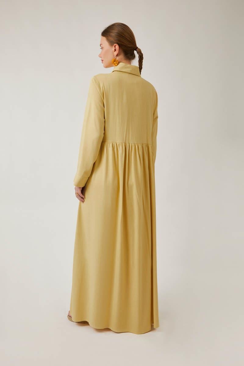 Gizli Düğmeli Dantelli Elbise Tereyağı Sarısı