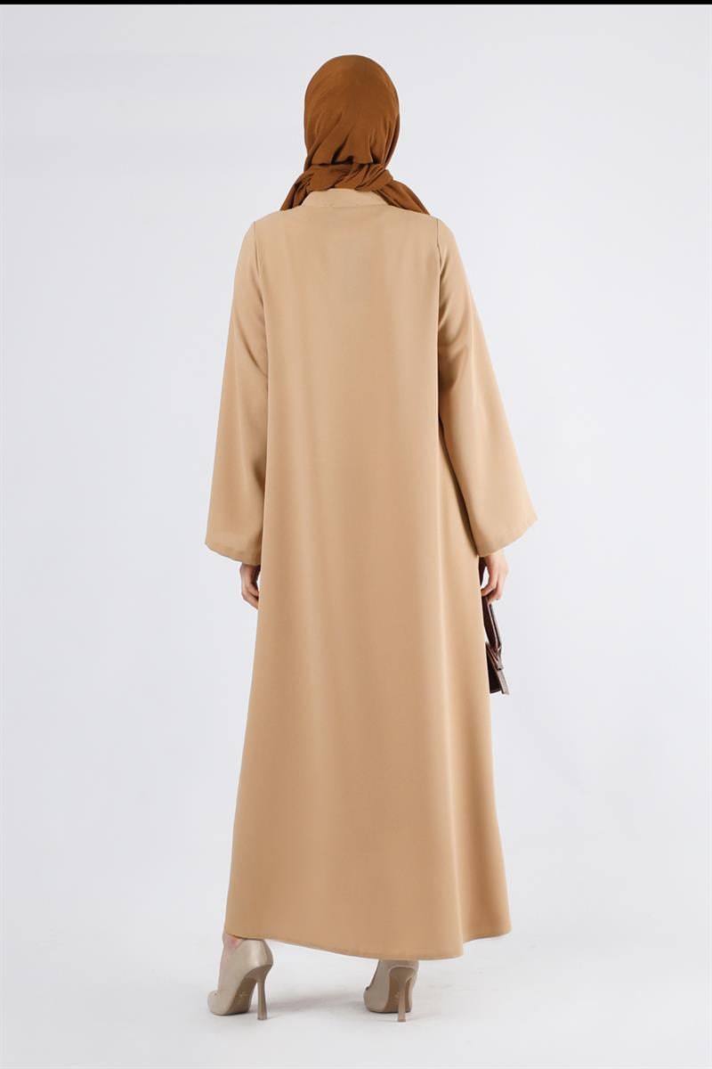 Gül Detaylı Taşlı Ferace Camel