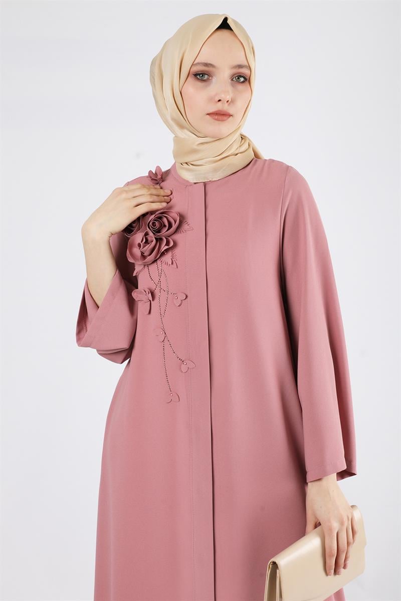 Gül Detaylı Taşlı Ferace Gül Kurusu