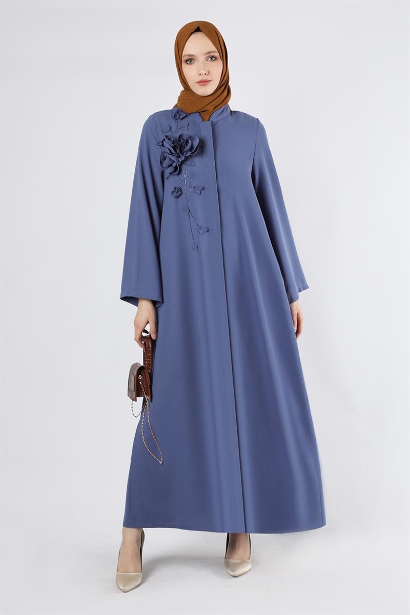 Gül Detaylı Taşlı Ferace İndigo