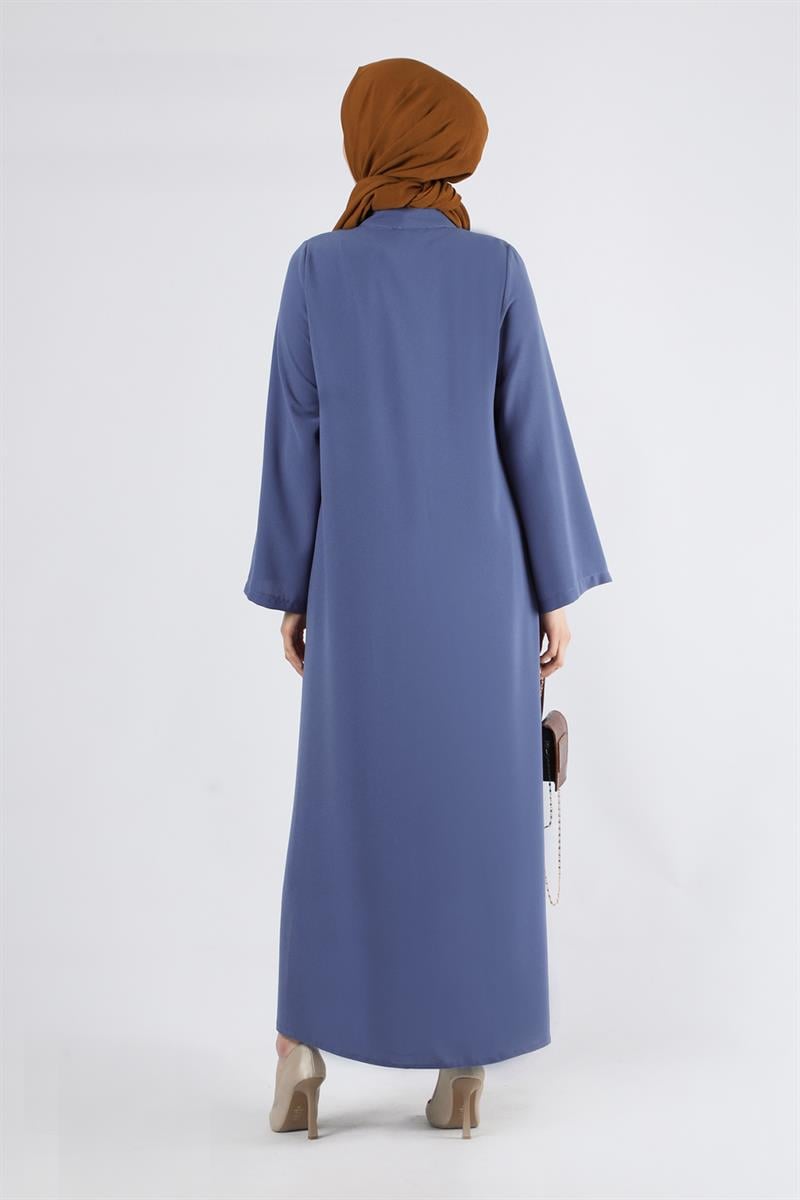 Gül Detaylı Taşlı Ferace İndigo