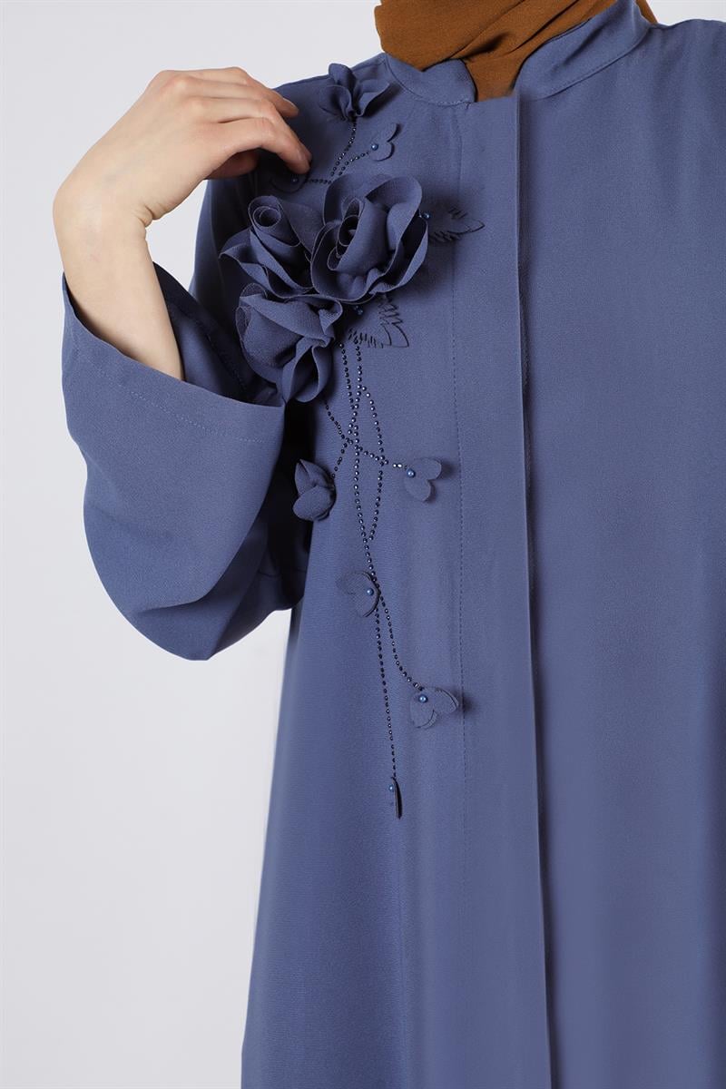 Gül Detaylı Taşlı Ferace İndigo