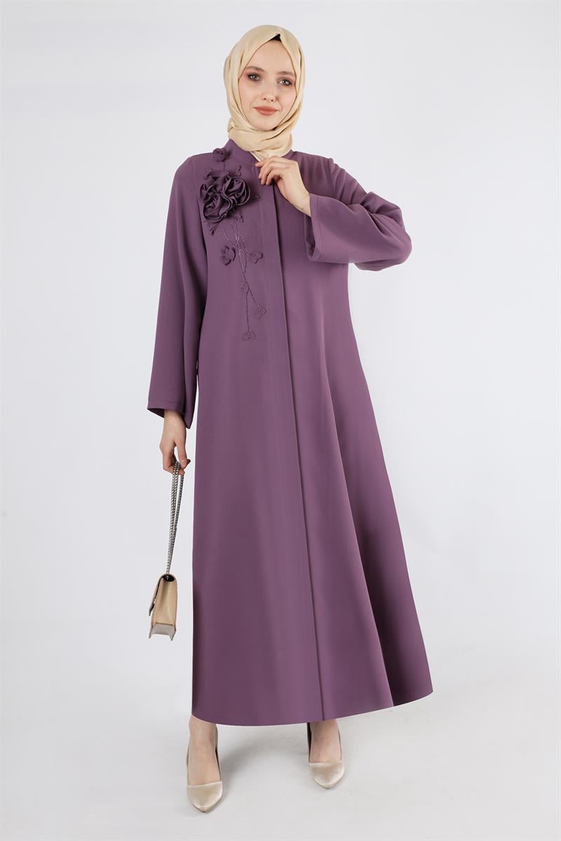 Gül Detaylı Taşlı Ferace Mor