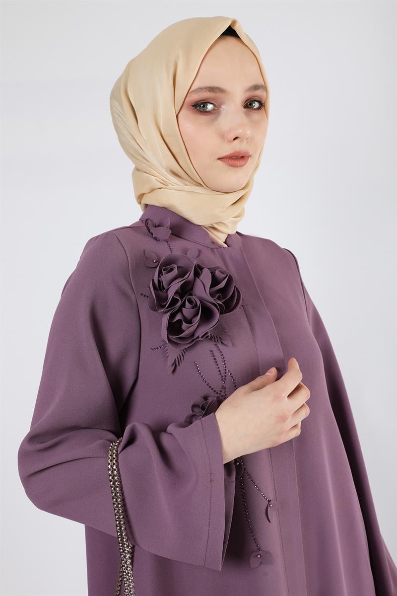 Gül Detaylı Taşlı Ferace Mor