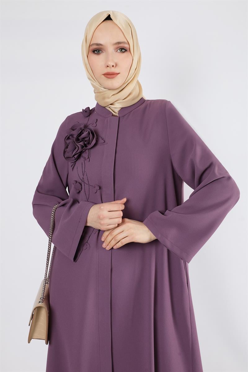 Gül Detaylı Taşlı Ferace Mor