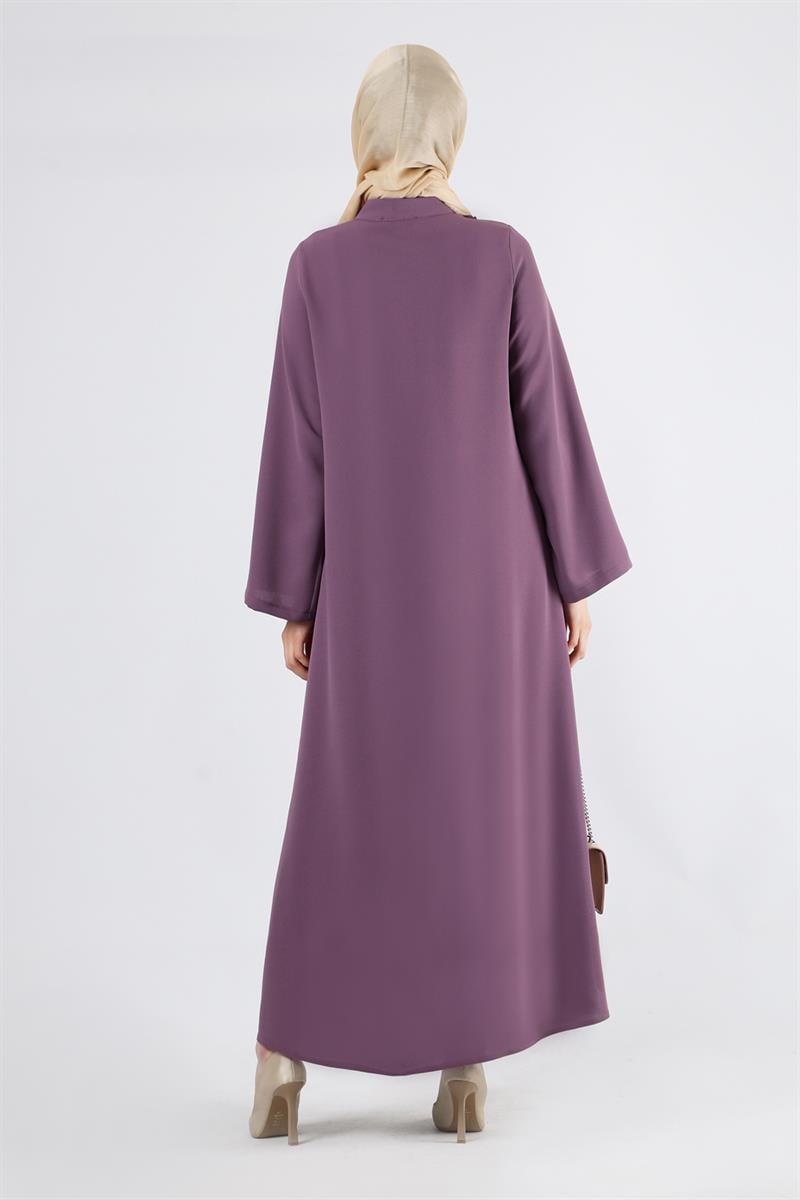 Gül Detaylı Taşlı Ferace Mor