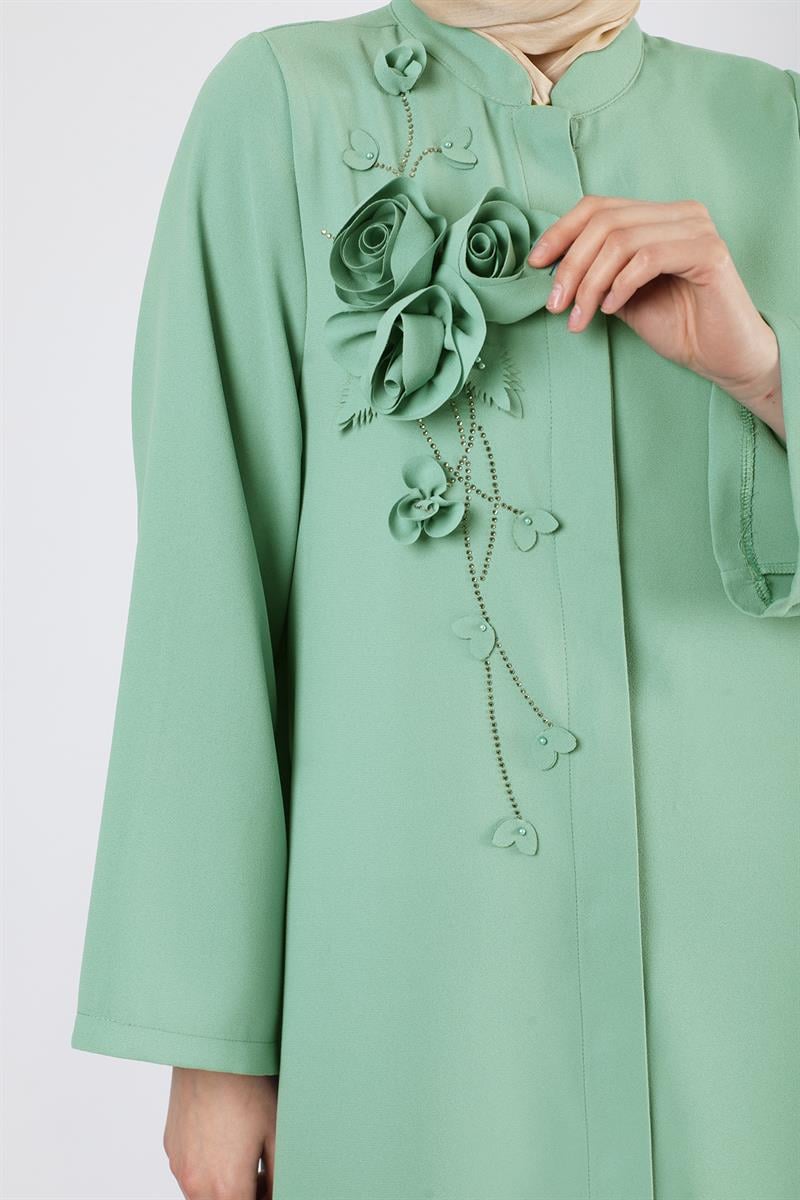 Gül Detaylı Taşlı Ferace Su Yeşili