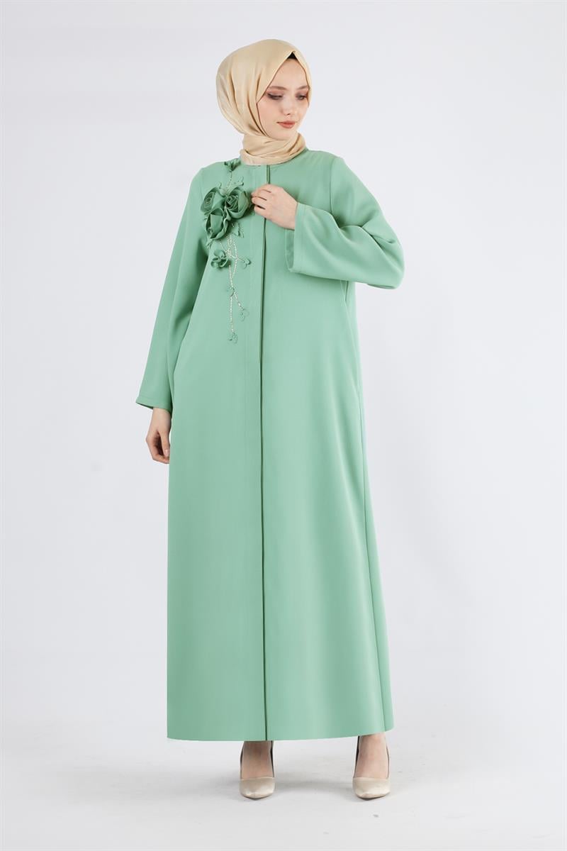 Gül Detaylı Taşlı Ferace Su Yeşili