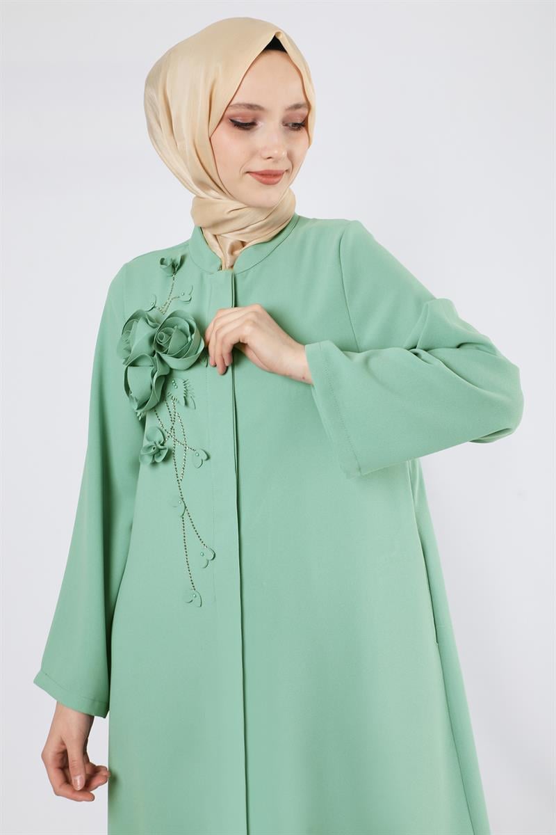Gül Detaylı Taşlı Ferace Su Yeşili