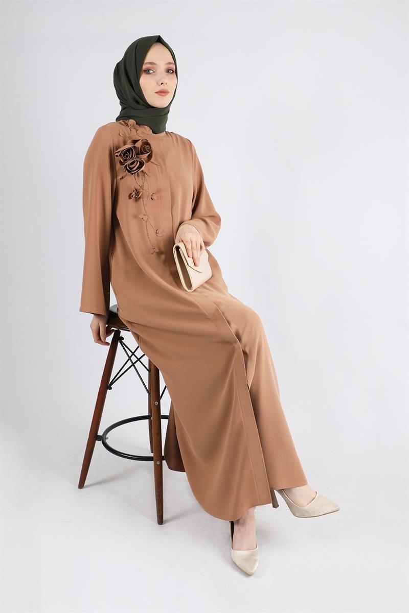 Gül Detaylı Taşlı Ferace Vizon