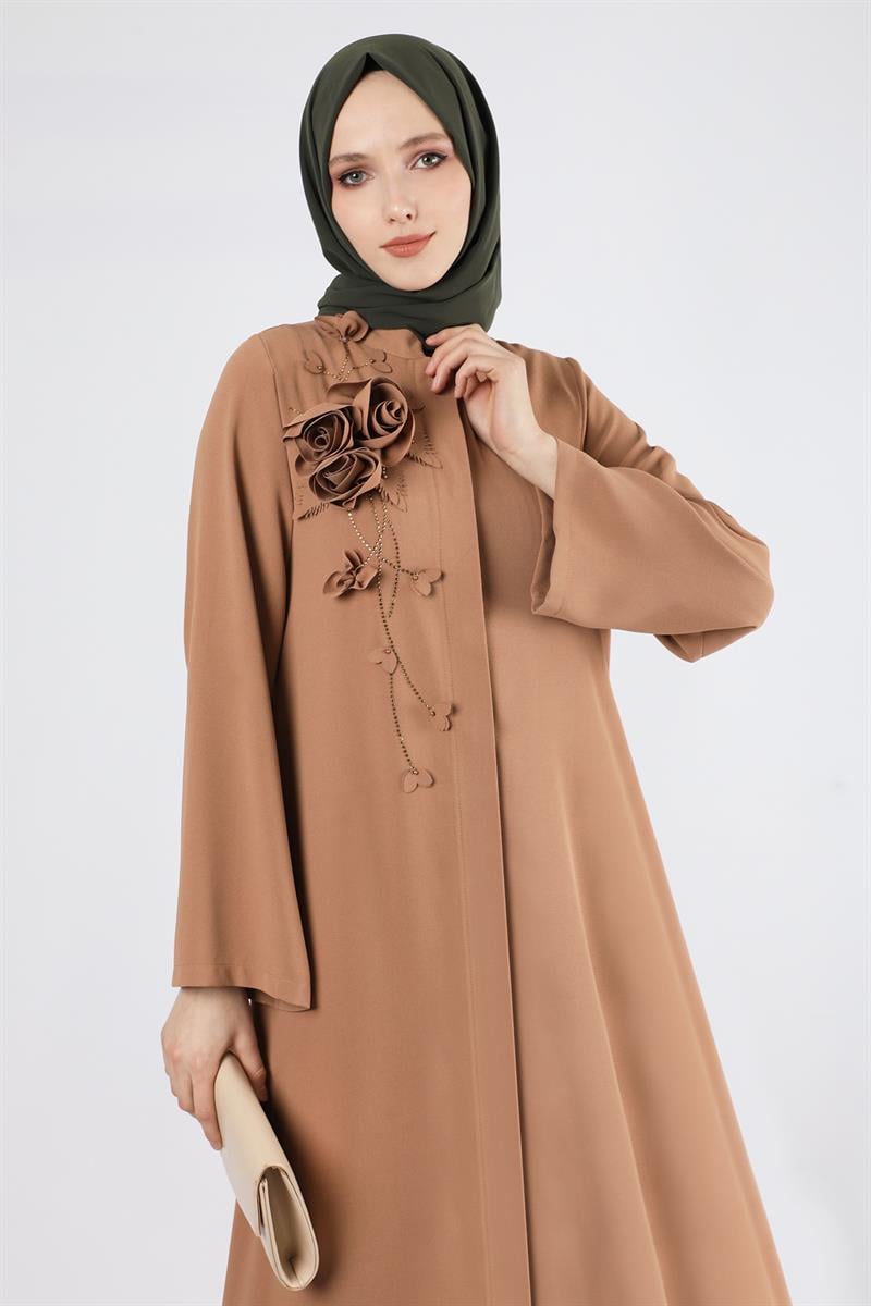 Gül Detaylı Taşlı Ferace Vizon