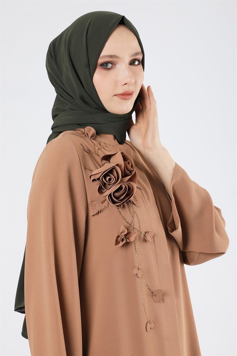 Gül Detaylı Taşlı Ferace Vizon