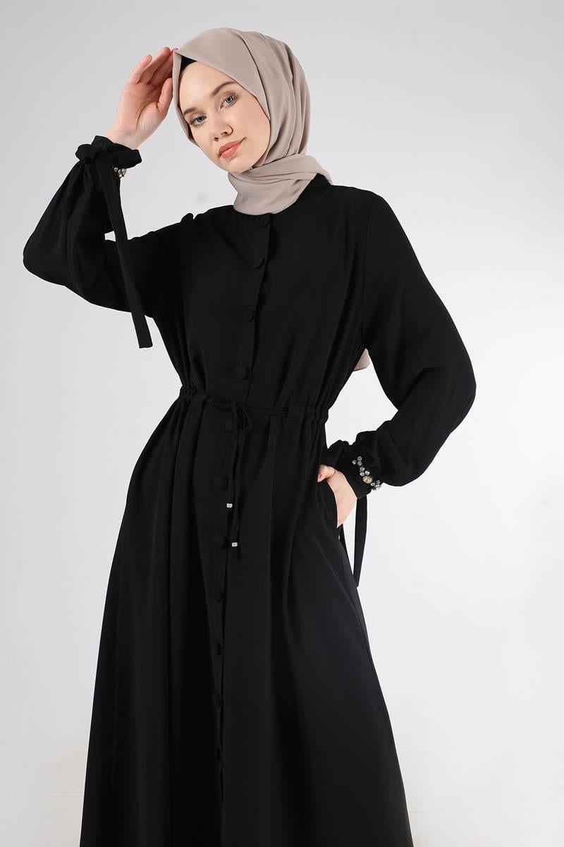Hakim Yaka Bağcıklı Ferace Siyah