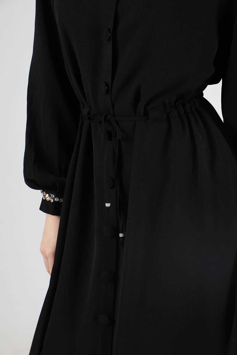 Hakim Yaka Bağcıklı Ferace Siyah