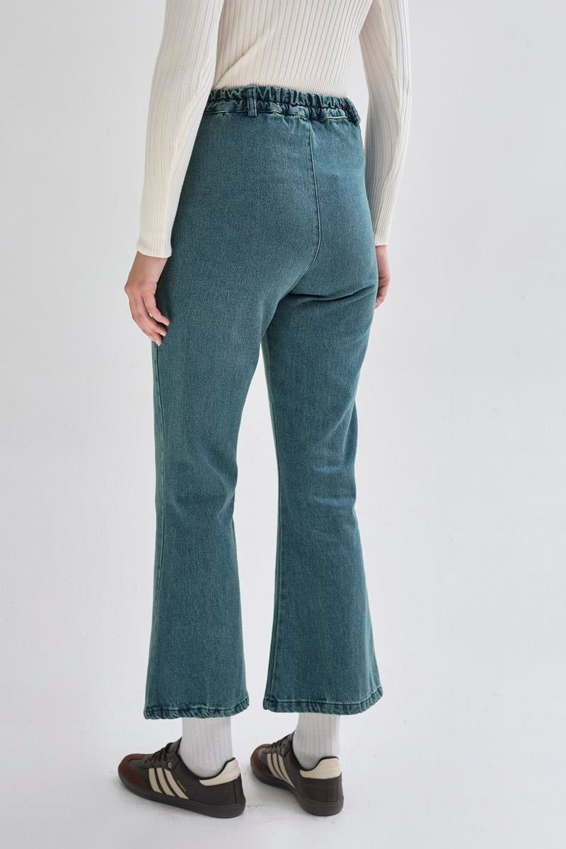 İspanyol Paça Denim Pantolon Yeşil Tintli