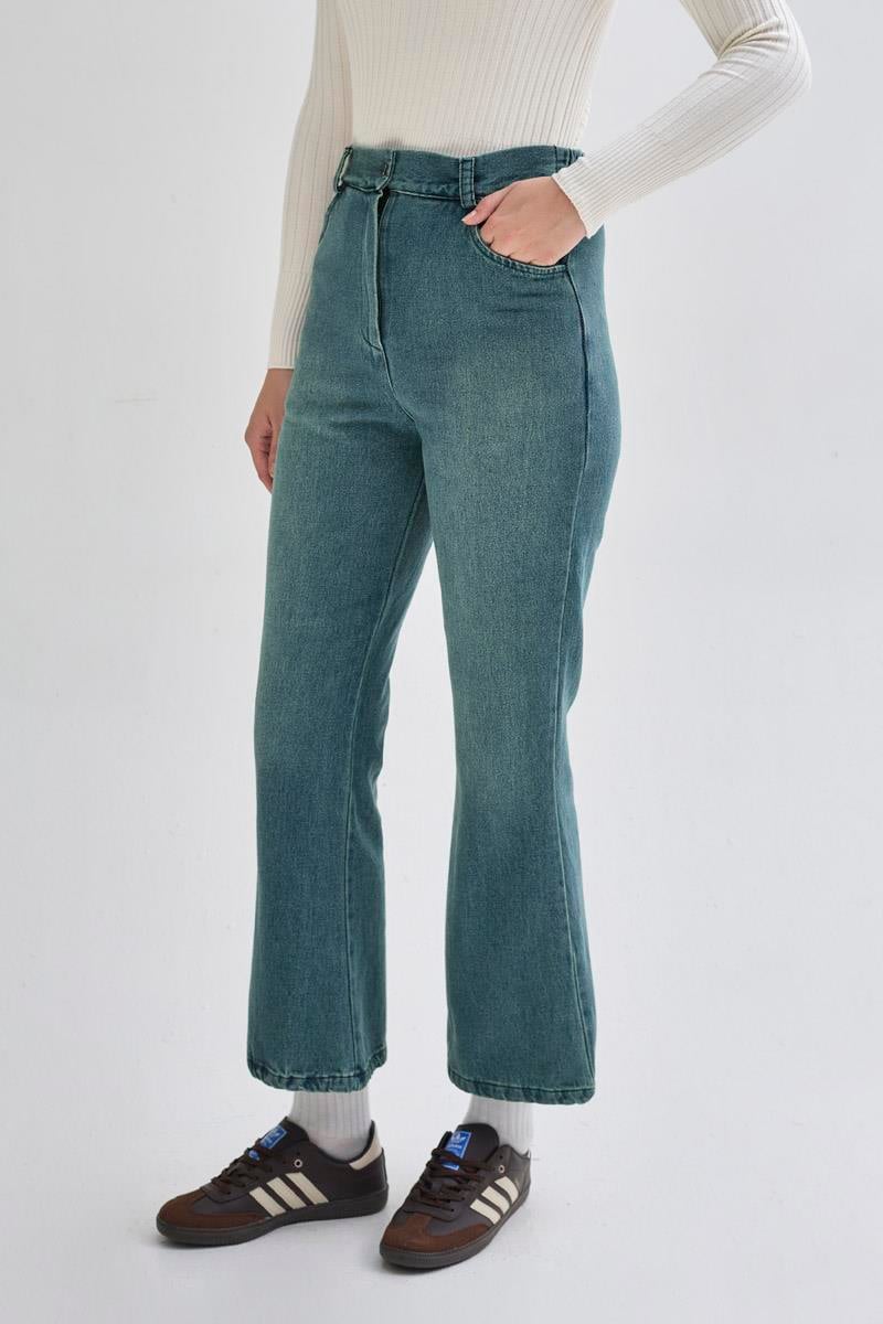 İspanyol Paça Denim Pantolon Yeşil Tintli