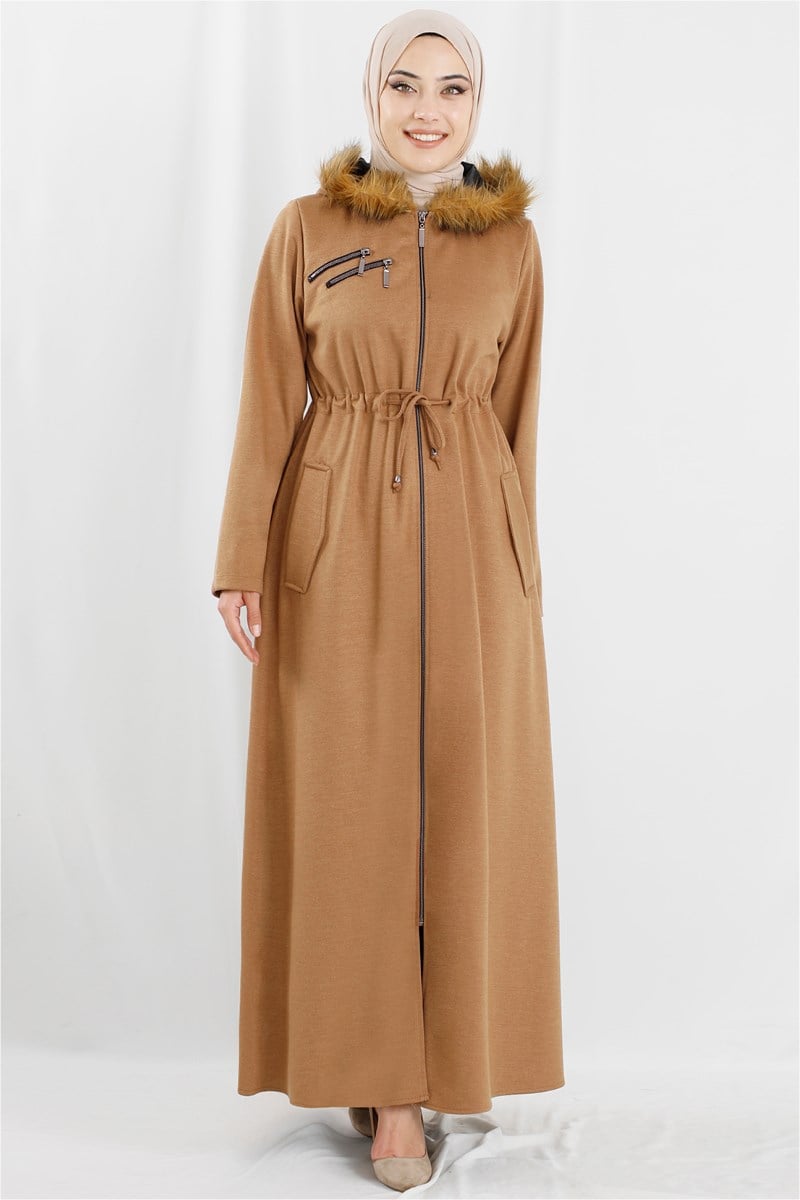 Kapşonlu Kürklü Camel Ferace